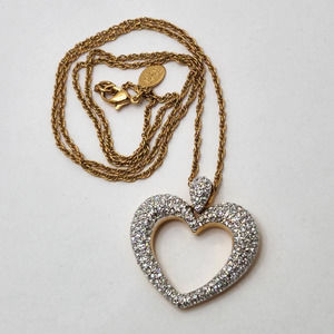 Vintage Joan Rivers Rhinestone Open Heart Pendant Gold Tone Chain Necklace